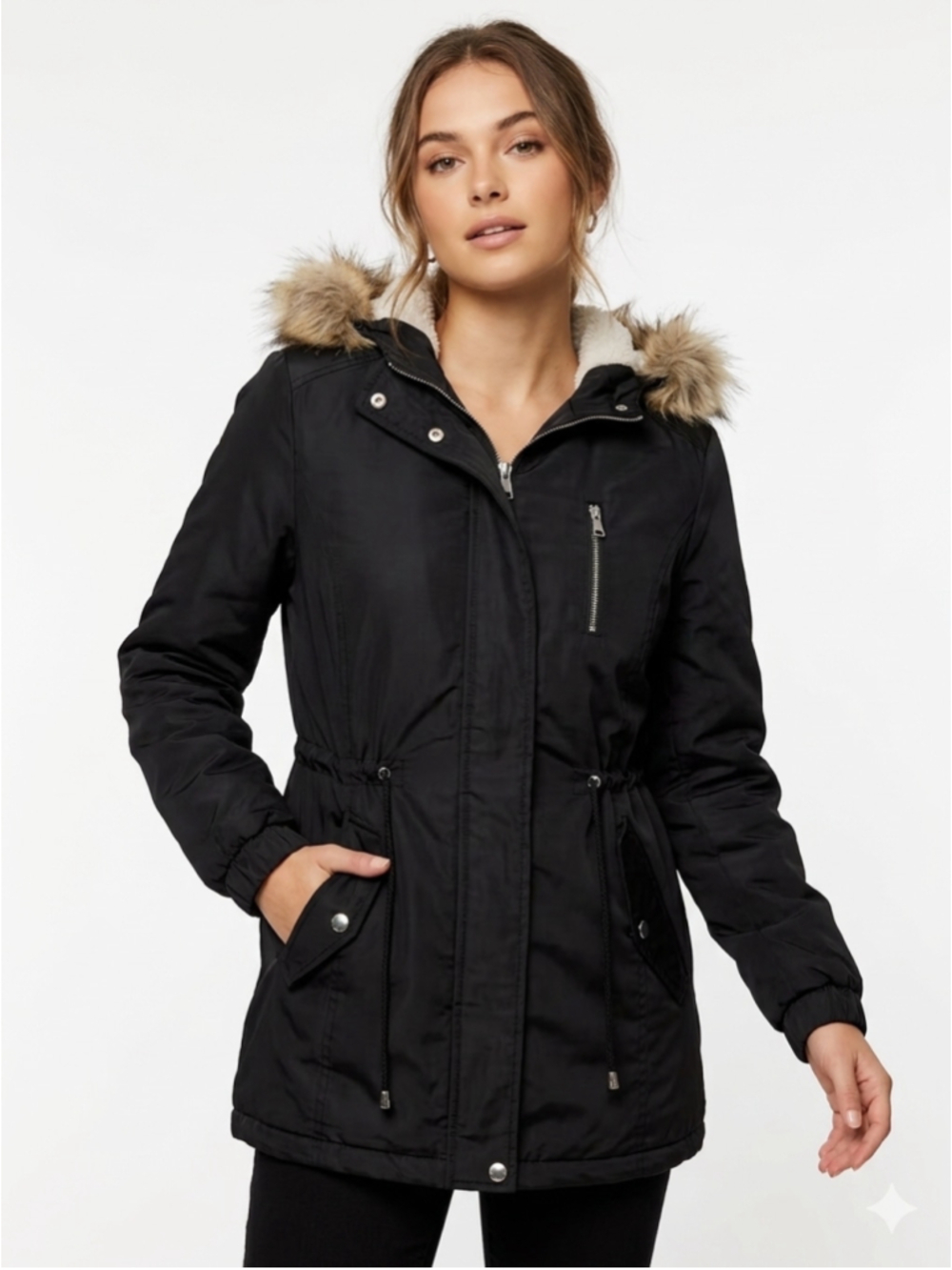 Women's U2B Urban Basics Black Sherpa Fleece Lined Winter Utility Parka Jacket M